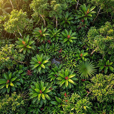 Aerial view of beautiful tropical rainforest with green leaves and flowers