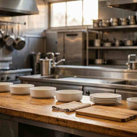 Ceramic plates and bowls on a wooden table in a modern kitchen