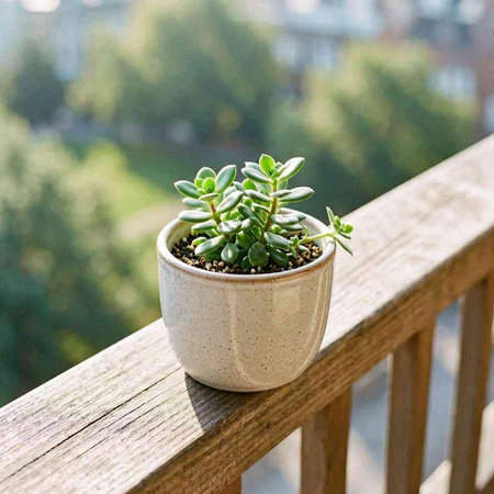 Succulent plant in a pot on a balcony with green foliage