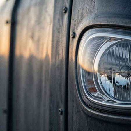 Close-up of the headlight of an old car. The sun goes down.