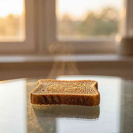 A piece of bread on a glass table in front of a window