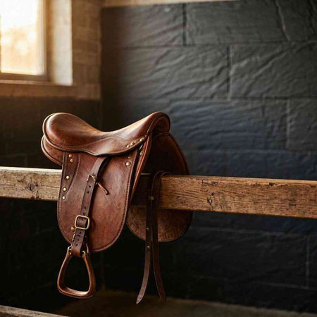Saddle for horses on a wooden fence against a black wall.