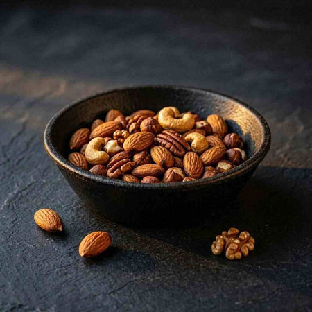 Pecan nuts in a ceramic bowl on a dark background.