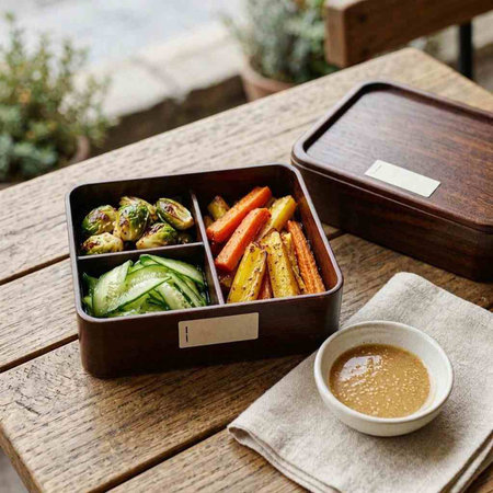 Healthy lunch box with vegetables and sauce in a restaurant on a wooden table