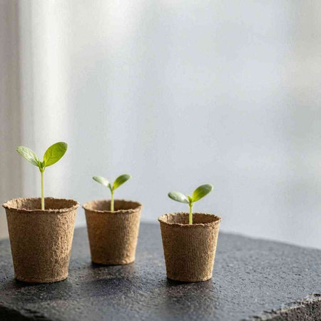 Green seedlings in peat pots on a black concrete table.