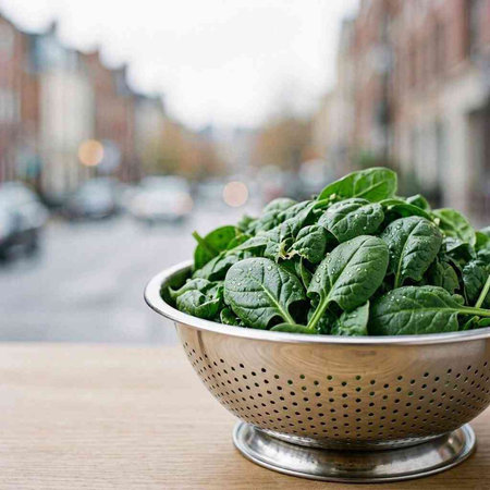 Fresh spinach leaves in a metal colander on a wooden table.