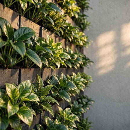 Green plants growing on a wall in the garden. Nature background.