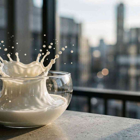 Milk pouring into a glass cup on the balcony in the morning
