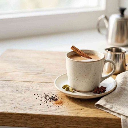 Cup of coffee with cinnamon and cardamom on wooden table