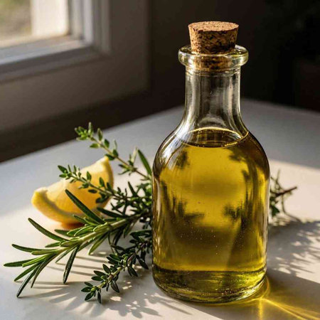 bottle of olive oil with rosemary and lemon on the windowsill