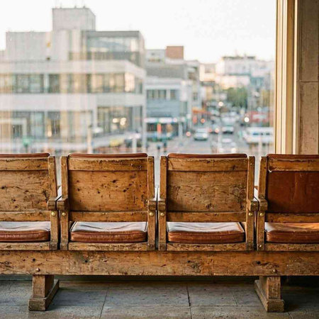 Two old wooden chairs in front of a large window with a city view
