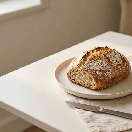 A loaf of bread on a white plate with a knife and a napkin.