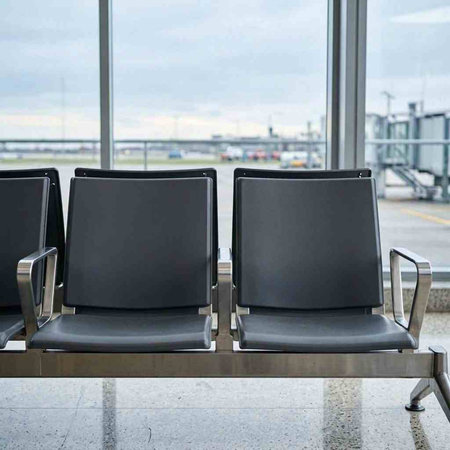 Waiting area in airport terminal. Empty black chairs waiting for flight.