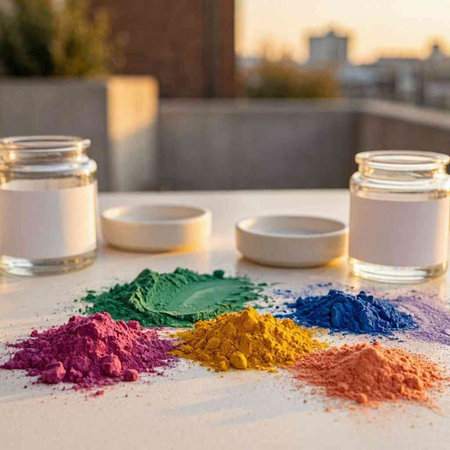 Multicolored holi powder in jars and jars on the table