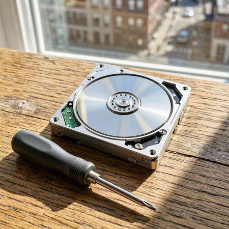 Hard disk drive with screwdriver on a wooden table in the city