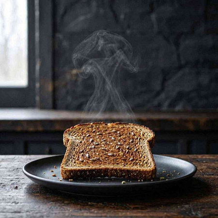 A piece of bread on a black plate with smoke on a wooden table