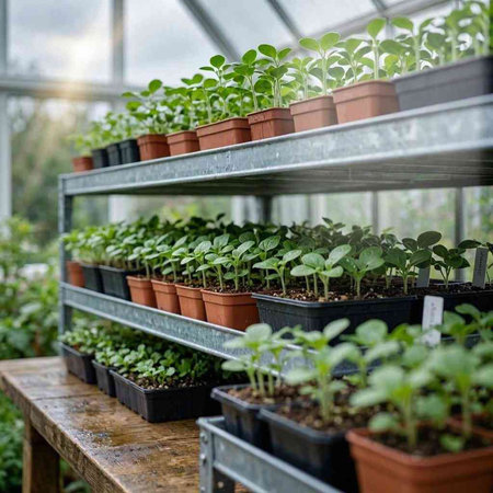 Young seedlings of cucumbers in pots on a shelf in a greenhouse