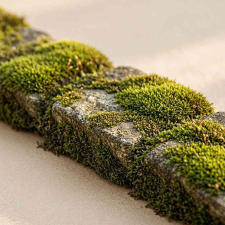 Green moss on stone wall, close-up, selective focus.