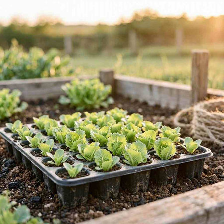 Young green lettuce seedlings in a plastic box on a farm field.