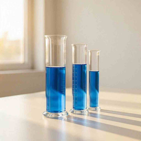 Laboratory glassware with blue liquid on a white table in the laboratory