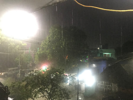 Raining heavily with the wind in the street and LED lighting background