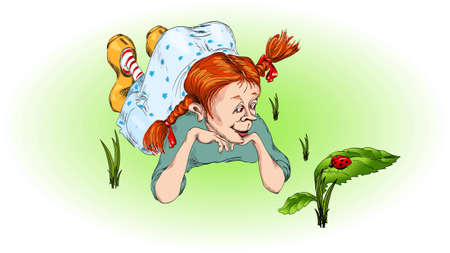 girl  looks with gladness at a forest insectのイラスト素材