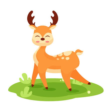 deer cartoon character on green grassのイラスト素材