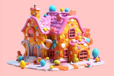 Gingerbread house in the shape of a house with balloons and candies on a pink backgroundの素材