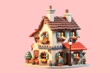 Miniature model of house with chimney isolated on pink background.の素材
