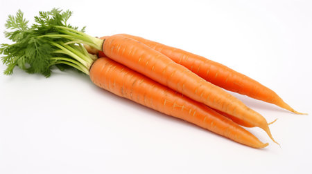 Fresh carrots with green leaves isolated on white background. Studio shot.の素材