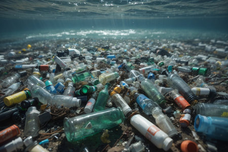 Plastic waste in the sea. Pollution and environmental concept.の素材