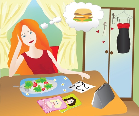 Girl eating healthy food thinking of junk foodのイラスト素材