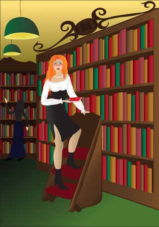 Pretty female librarian at work in front of bookshelfのイラスト素材