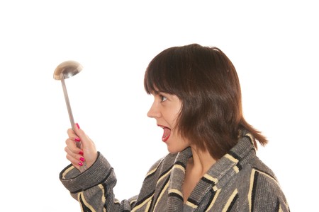 Headshot of housewife on the white backgroundの写真素材