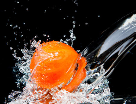 Orange and splash water over black backgroundの写真素材