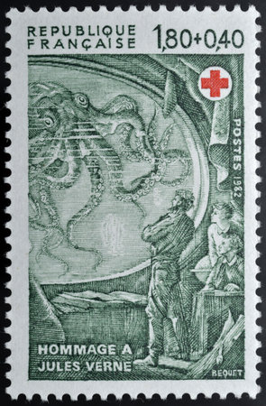 Postage stamp in homage to Jules Vernes. Jules Gabriel Verne (February 8, 1828  March 24, 1905) was a French author who pioneered the science fiction genre in Europe.のeditorial素材