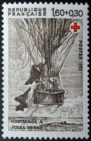 Postage stamp in homage to Jules Vernes. Jules Gabriel Verne (February 8, 1828  March 24, 1905) was a French author who pioneered the science fiction genre in Europe.のeditorial素材