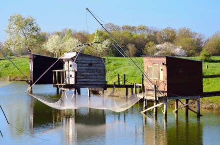 Three fishing carrelets from La Barre-de-Monts in the Vendée department in the Pays de la Loire region in western France の写真素材