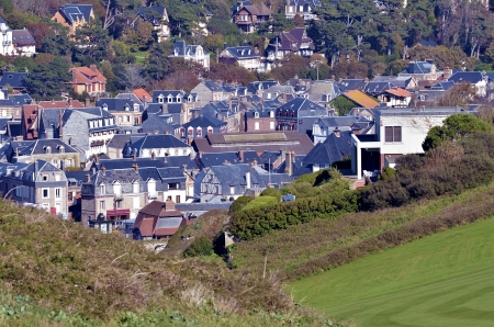 Aerial view of famous village d Etretat, commune in the Seine-Maritime department in the Haute-Normandie region in northwestern Franceの写真素材