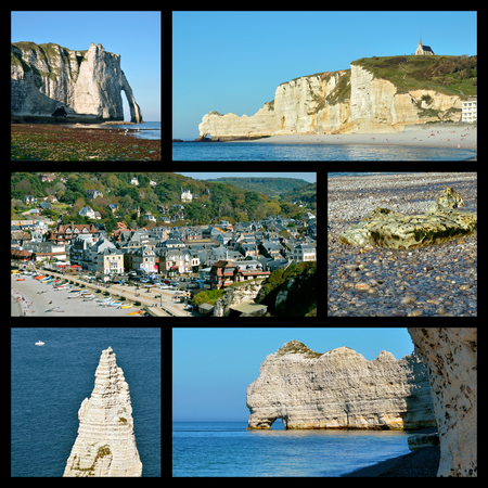 Six photos mosaic of Etretat, famous commune in the Seine-Maritime department in the Haute-Normandie region in northwestern Franceの写真素材