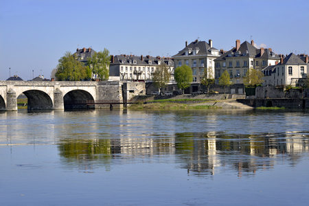 Loire river and Cessart bridge at Saumur, common in the Maine-et-Loire department, Loire Valley area in western France.の写真素材