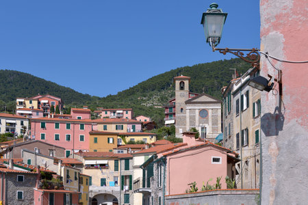 Tellaro is a small fishing village, perched on a cliff on the east coast of the Gulf of La Spezia in Liguria, northern Italy.の写真素材