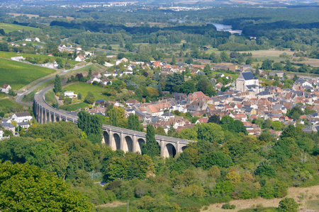 Aerial view of Saint-Satur and its viaduct seen from town Sancerre. Saint-Satur is a commune in the...