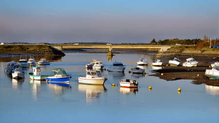 Panoramic photo of port on the La Vie river at Saint-Gilles-Croix-de-Vie, commune in the VendÃ©e department in the Pays de la Loire region in western Franceの写真素材