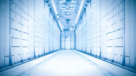 Advanced modern computer data center server racks 3D futuristic robotics