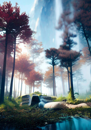 Fantasy landscape with a waterfall and a dead tree in the forestの写真素材