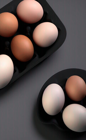 Eggs in a black tray on a gray background. Top view.