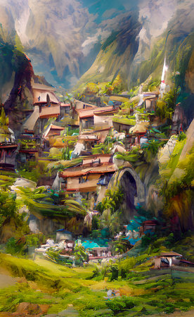 Painting of a village in the mountains of Bali, Indonesiaの写真素材
