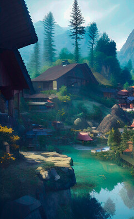 Mountain village in foggy morning. Small village in the mountains.の写真素材