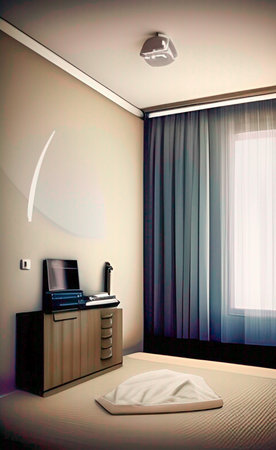 Interior of a hotel room with a bed and a bedside tableの写真素材